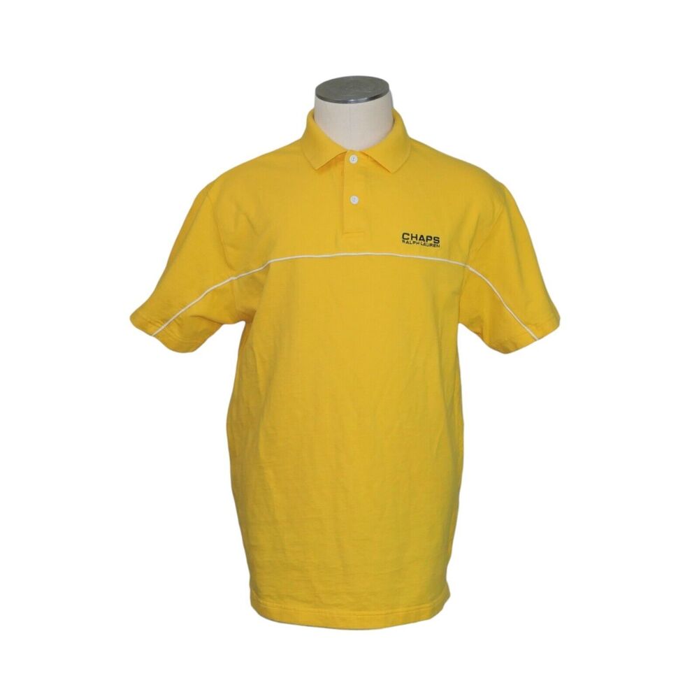 CHAPS Ralph Lauren Sz M Polo Shirt Men's Yellow White Stripe Short Sleeve EUC